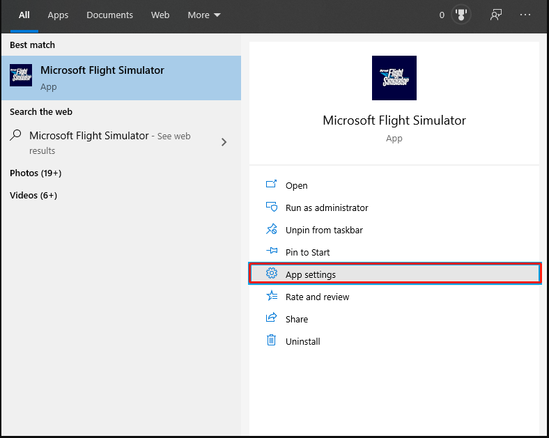 select App settings for MSFS