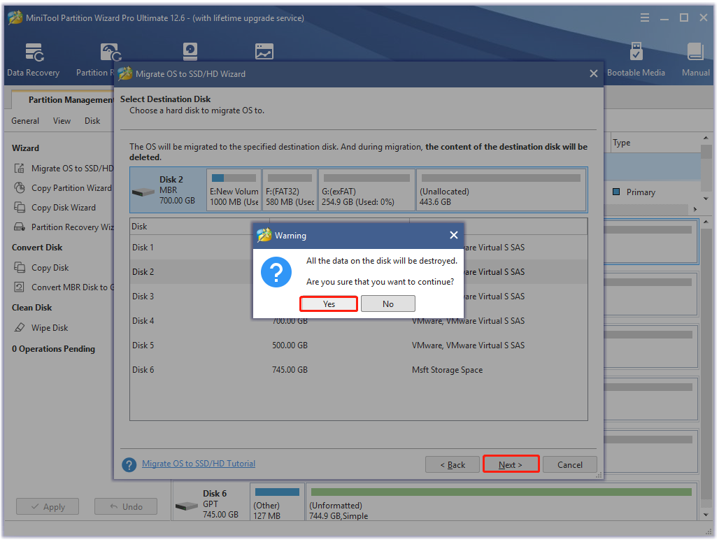 select the destination disk on MiniTool