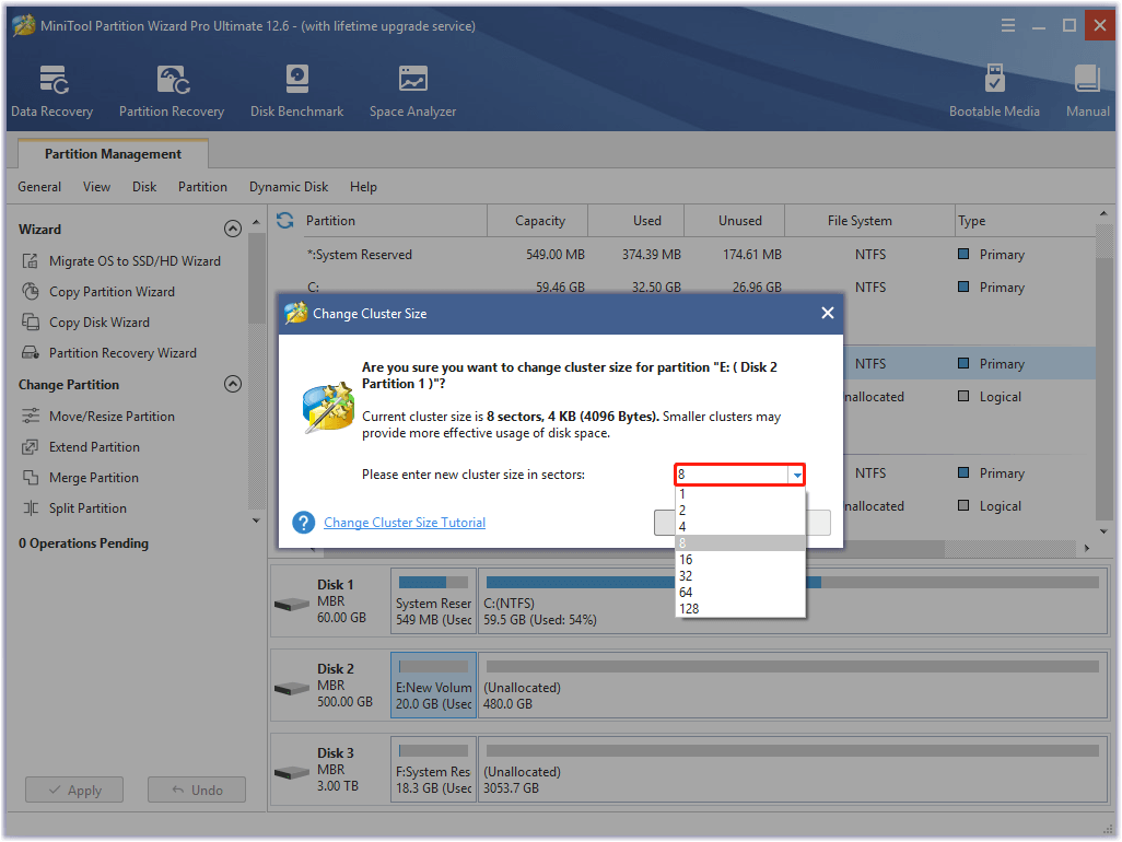 Enter new cluster size and click Yes