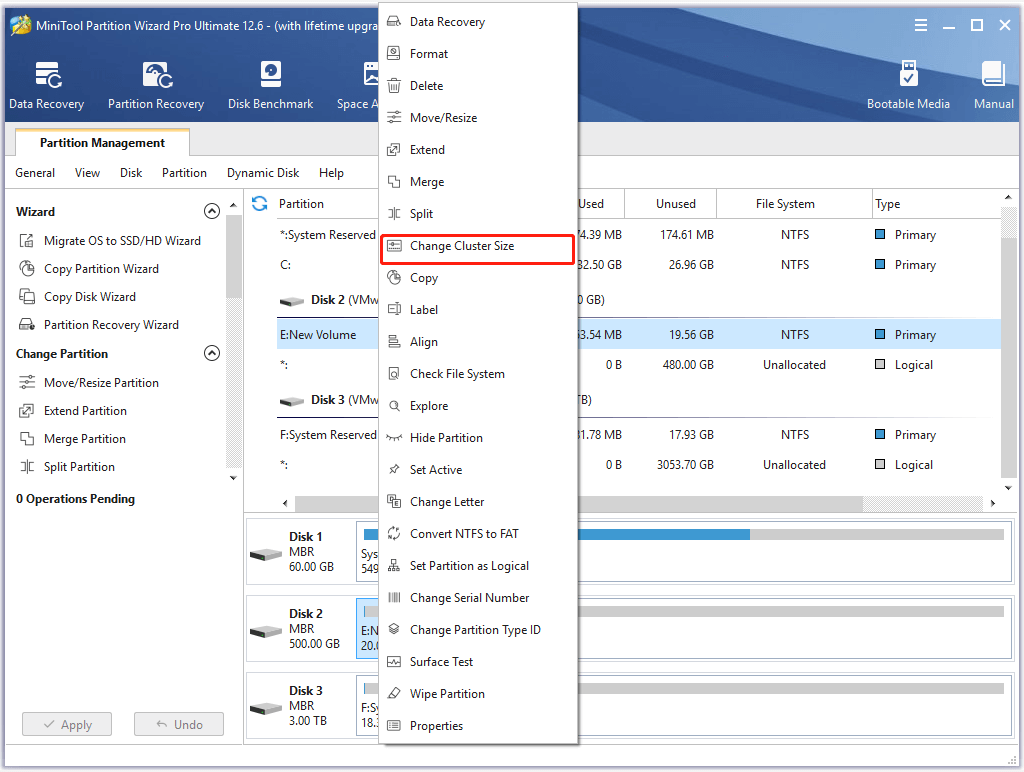 Select Change Cluster Size
