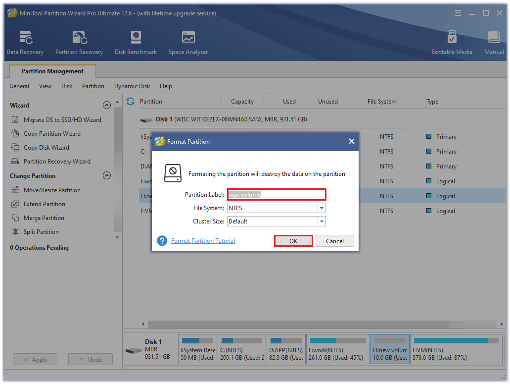 type the desired name in the Partition Label box