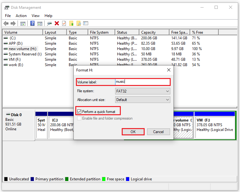 type the desired name in the Volume label box