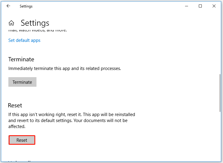 reset the Settings app via the Start menu