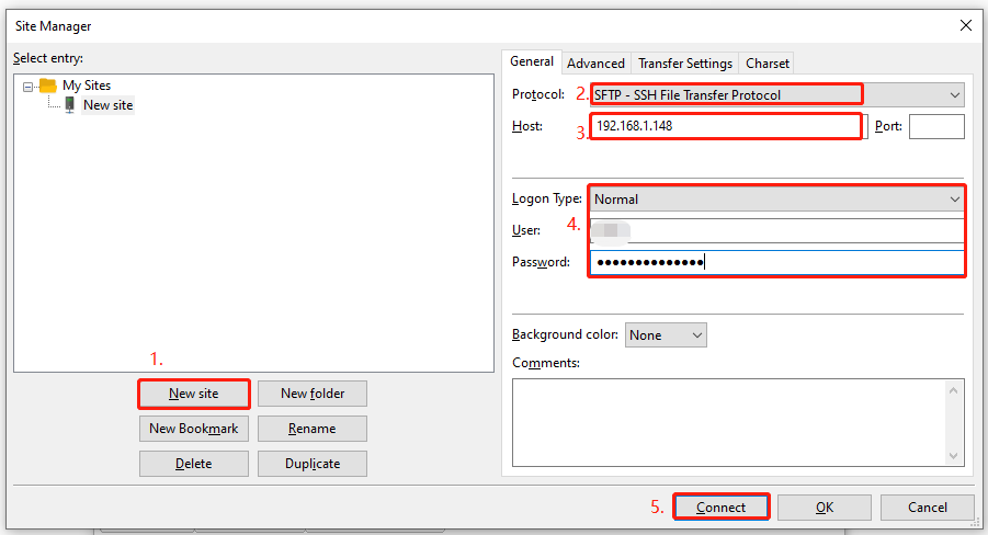 the process of connecting to a site via FileZilla