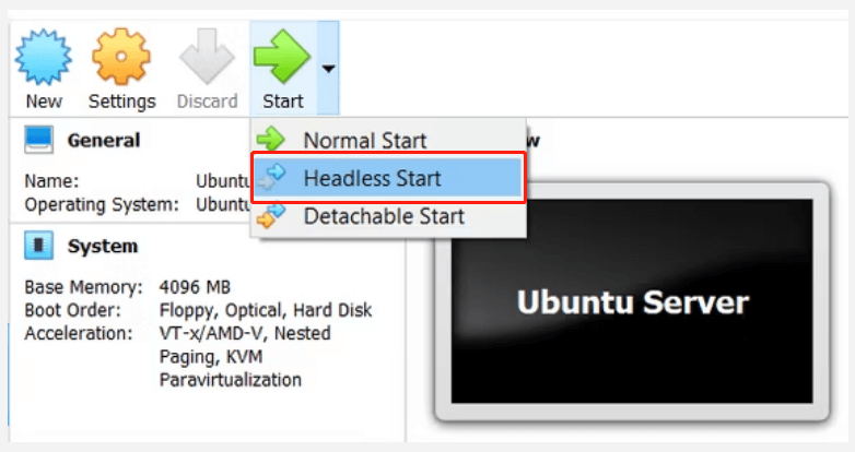 select Headless Start on VirtualBox