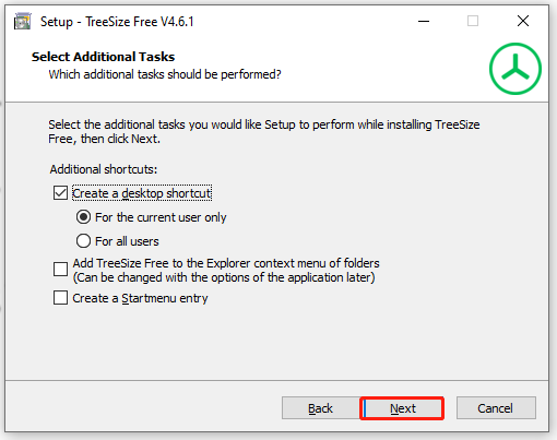 select additional tasks for TreeSize