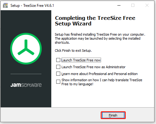 click Finish to complete the TreeSize setup