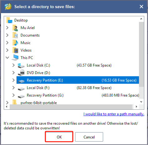 select a location to save the recovered data