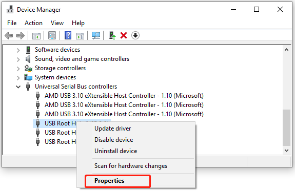 select Properties for the USB driver