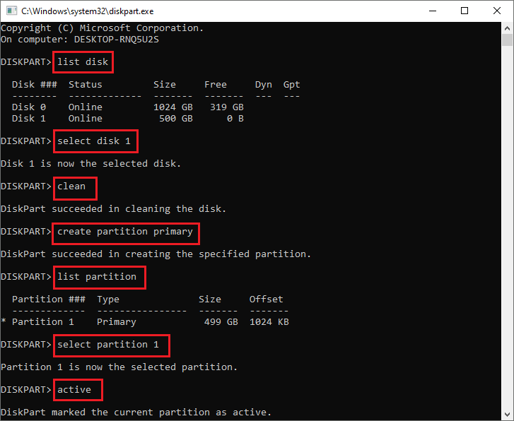 type the commands