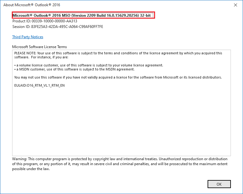 check the version of Outlook
