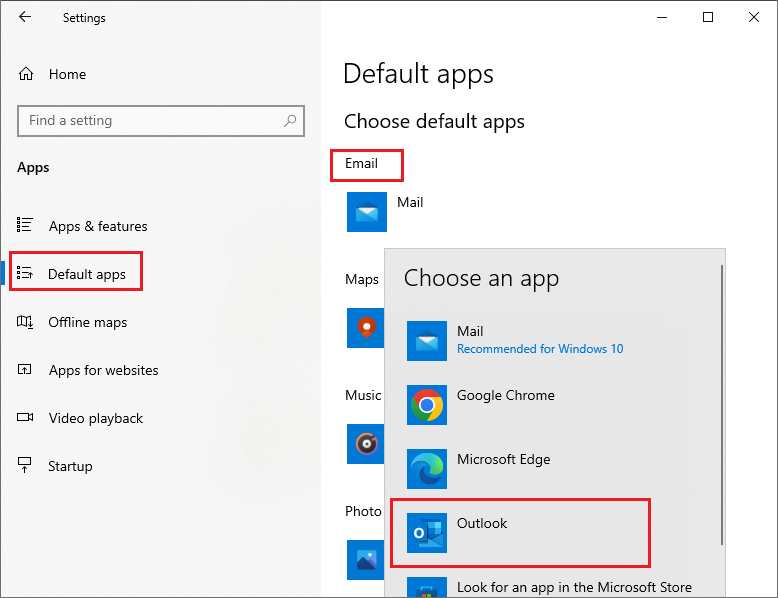 set Outlook as the default app for email
