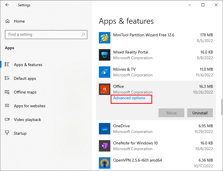 select Advanced options