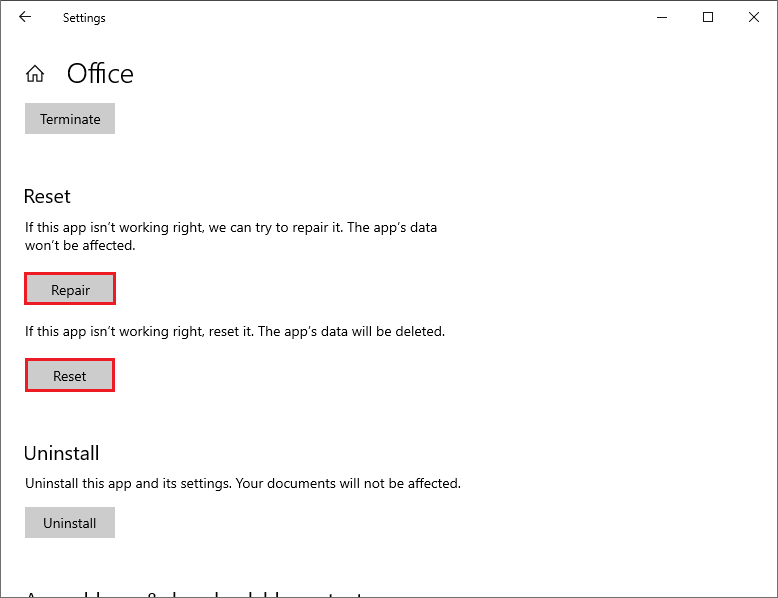 select repair or reset