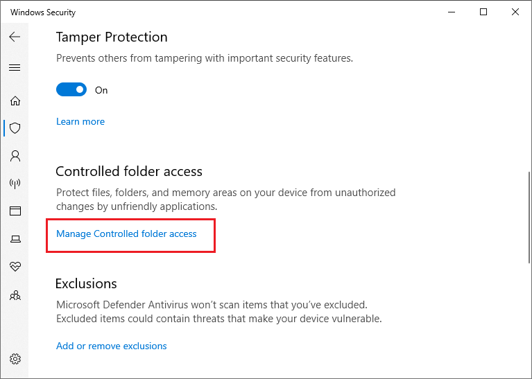 select Manage Controlled folder access