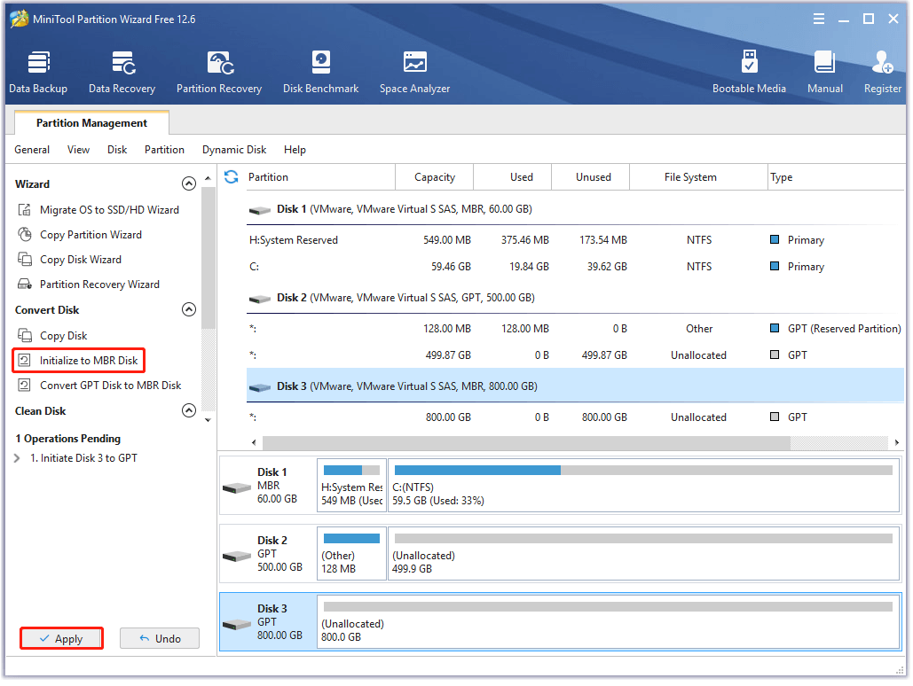select Initialize to MBR disk on MiniTool