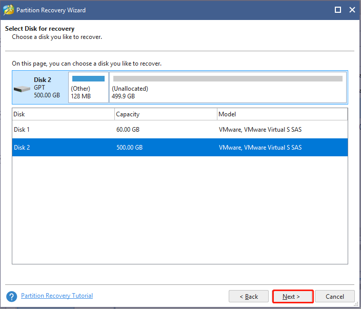 select the disk from Partition Recovery Wizard