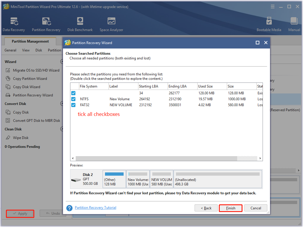 recover partitions using the MiniTool software