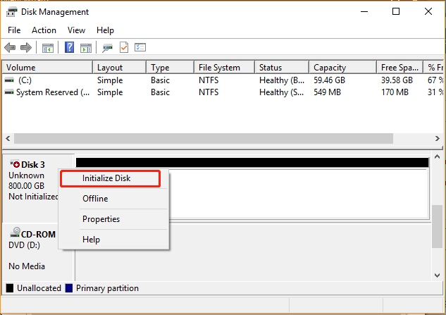 select Initialize Disk