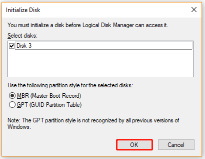 initialize disk using Disk Management