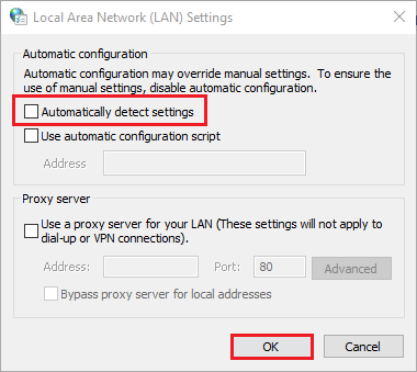 uncheck the Automatically detect settings option