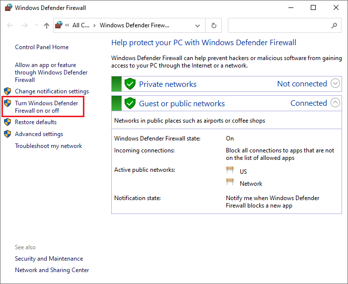 select Turn Windows Defender Firewall on or off