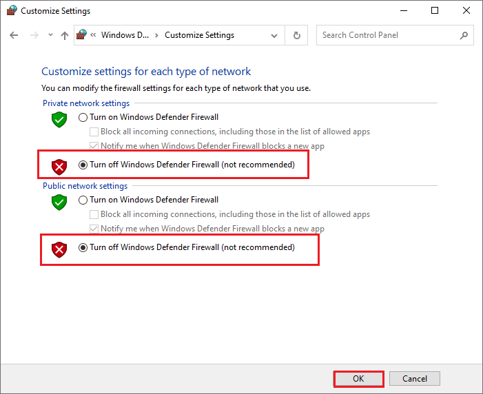 turn off Windows Defender Firewall