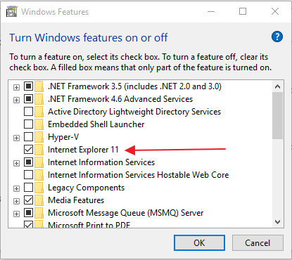 uncheck the Internet Explorer 11 feature
