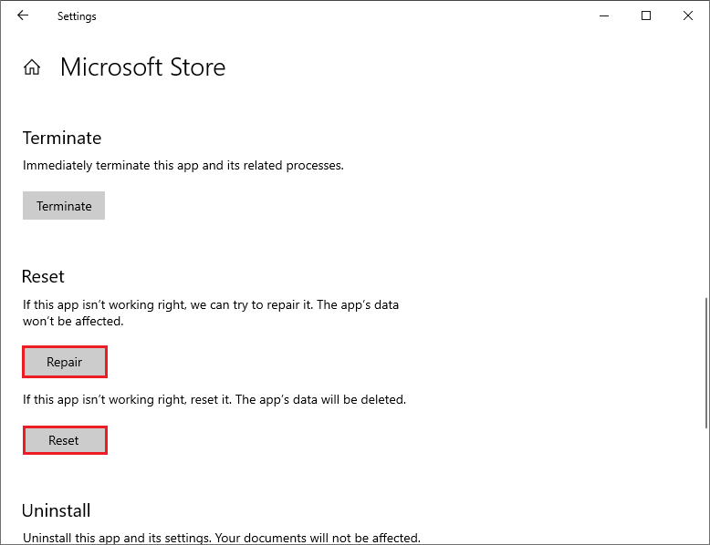 repair or reset the Microsoft Store app