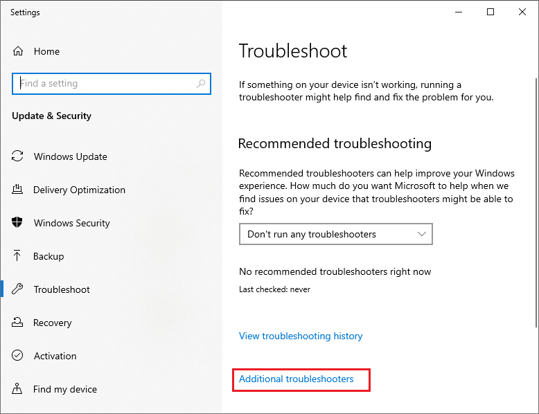 select Additional troubleshooters option