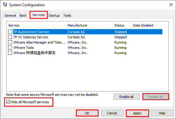 Check the Hide all Microsoft services box