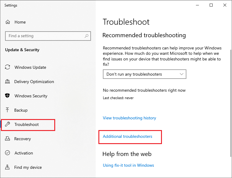 select Additional troubleshooters option
