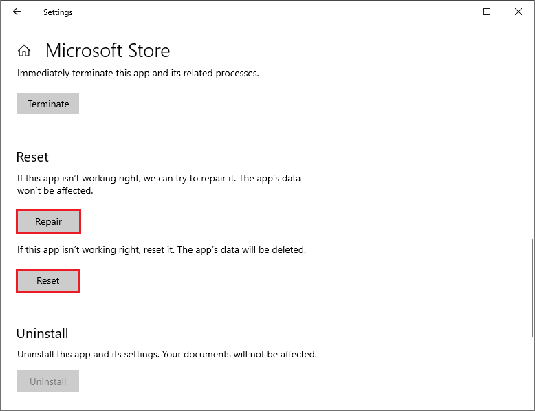 repair and reset the Microsoft Store app