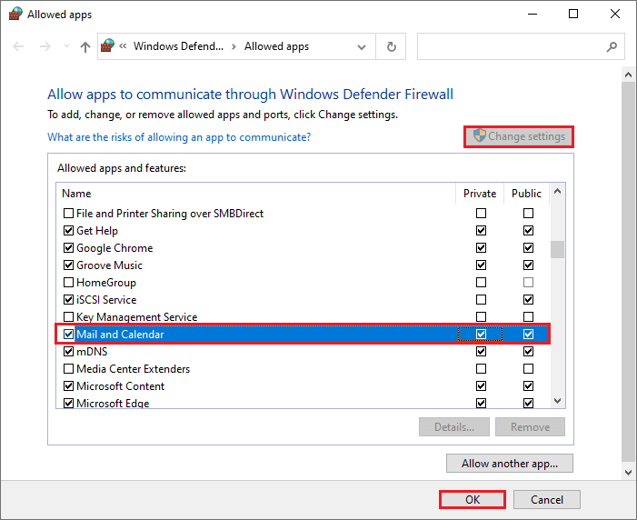 allow Mail and Calendar through Firewall