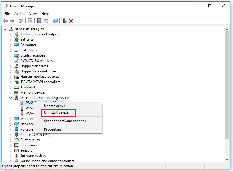 select Uninstall device option