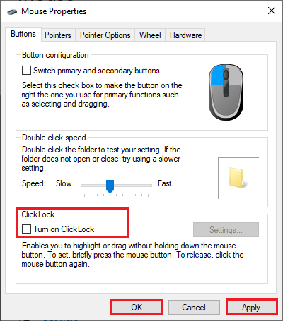 uncheck the Turn on Clicklock box