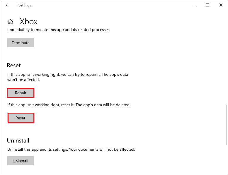 repair or reset the Xbox app