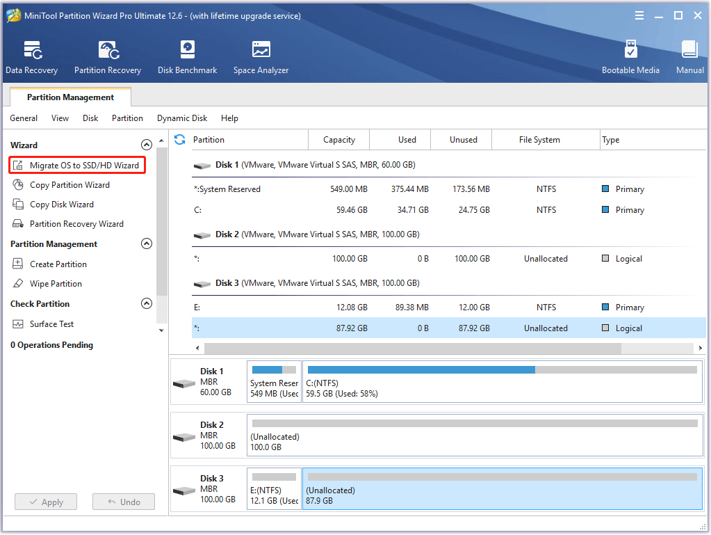 click on Migrate OS to SSD/HDD in the toolbar