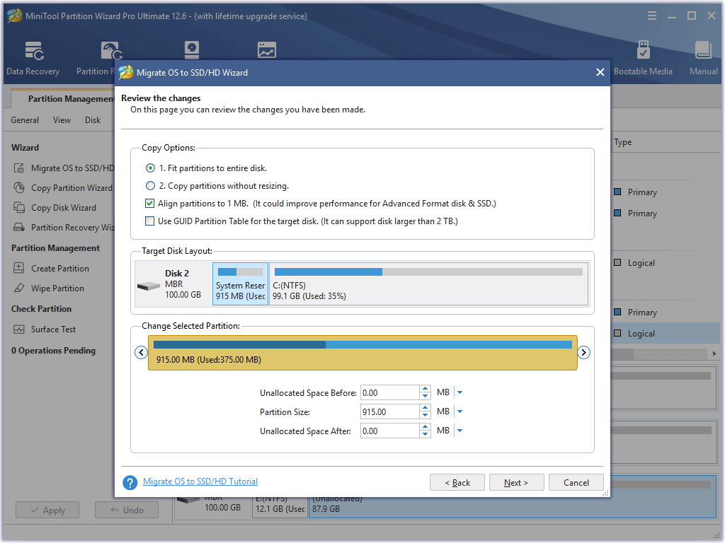 choose the right copy options and adjust the target disk layout