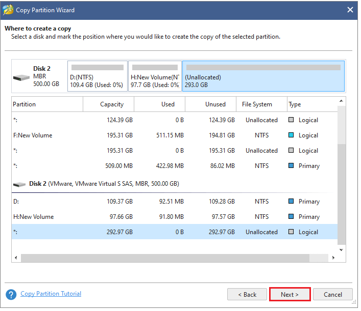 select the destination partition