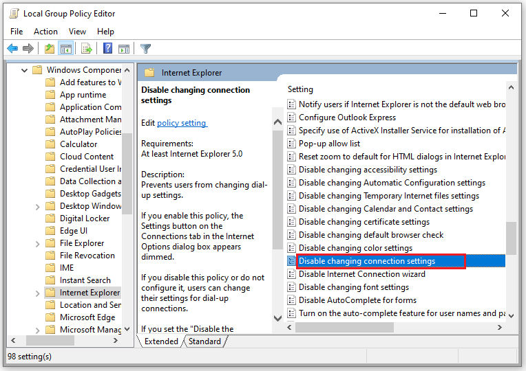 select the Disable changing connection settings option