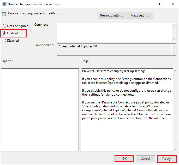 enable Disable changing connection settings