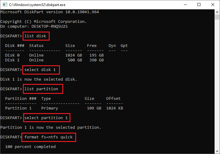 type the commands