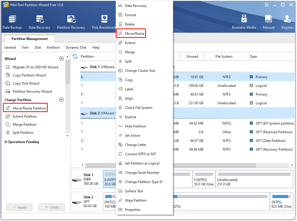 Move/Resize the partition