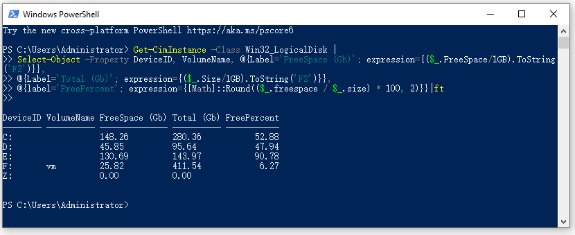 powershell network drive free space