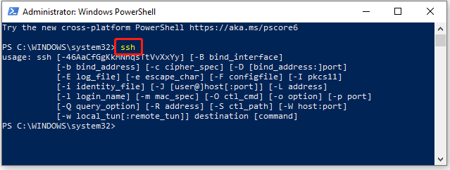 type ssh in the PowerShell window