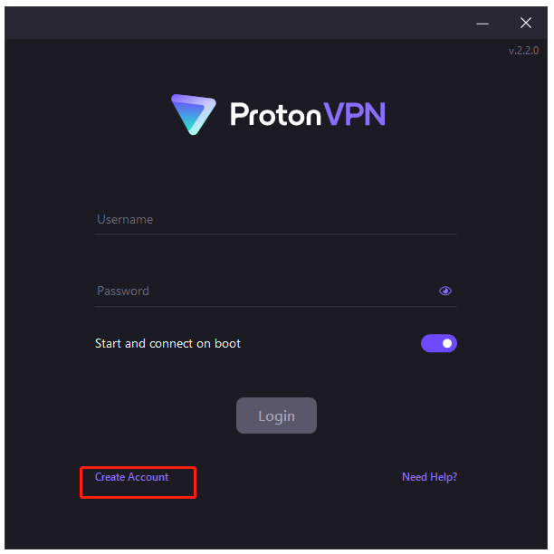 click Create Account for ProtonVPN