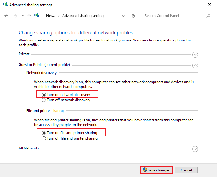 turn on Network discovery and File and printer sharing