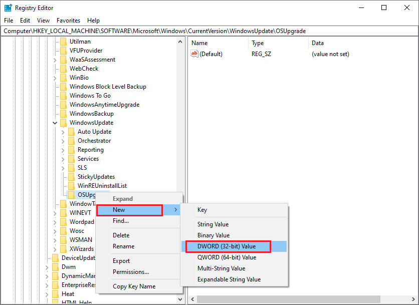 create the AllowOSUpgrade DWORD value