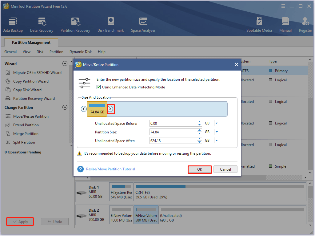 resize the partition and execute the operation